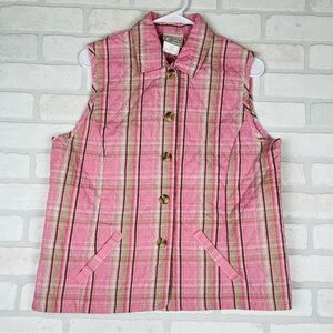 Beautiful Pink Plaid Button Front Quilted Vest Pockets, Adjustable Size Medium